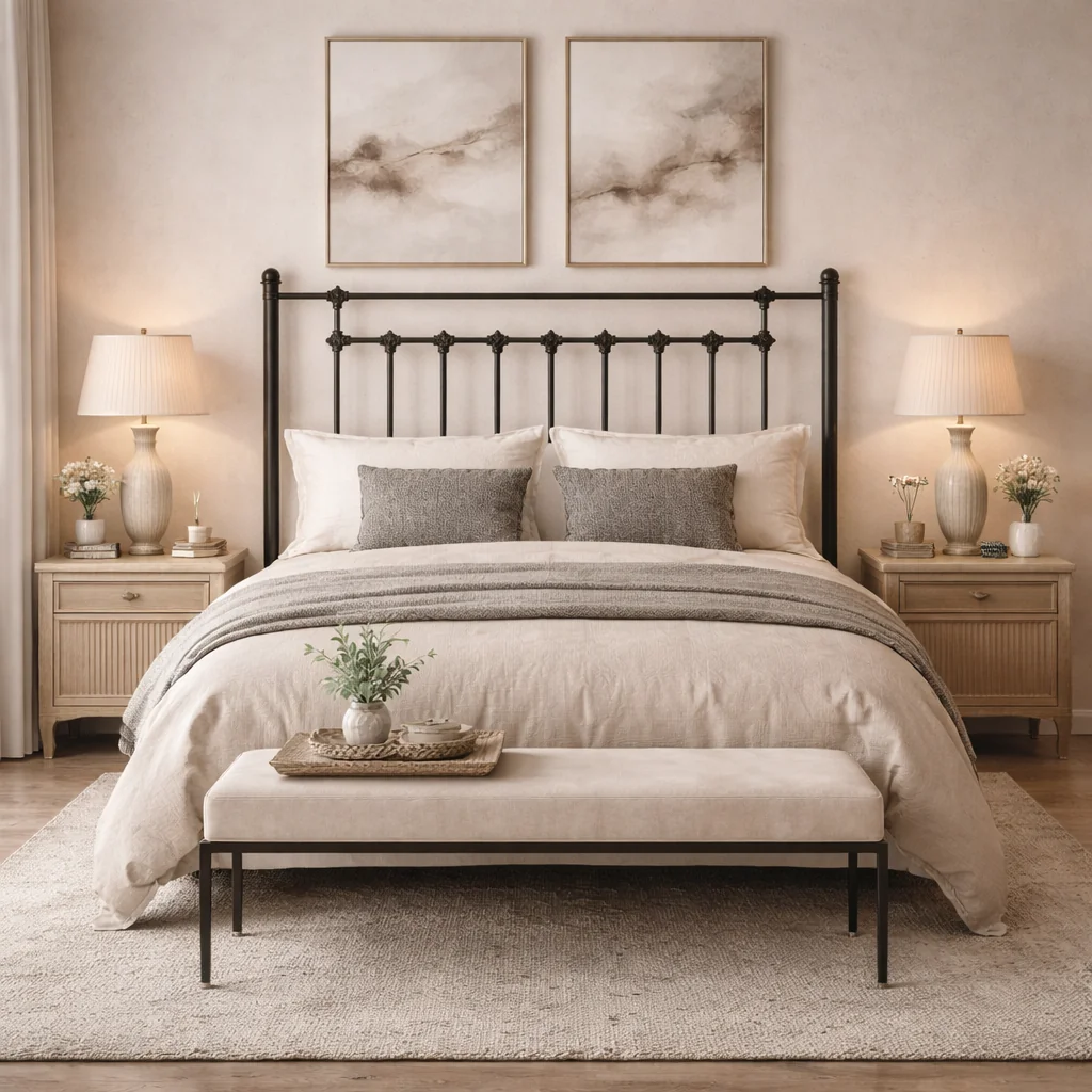 Cabecero de forja modelo Concha en hierro negro colocado en dormitorio con mesillas y lámparas