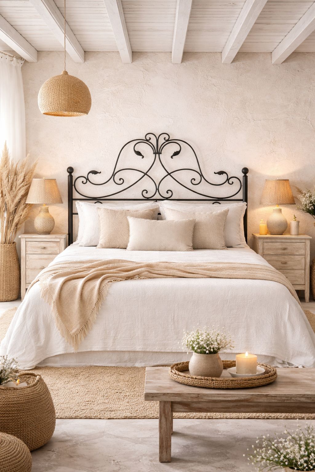 Cabecero de forja modelo [modelo] en hierro negro en dormitorio decorado estilo rústico y natural