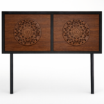 abecero de cama combinado en forja negra y madera con decoración tallada estilo arabesco.