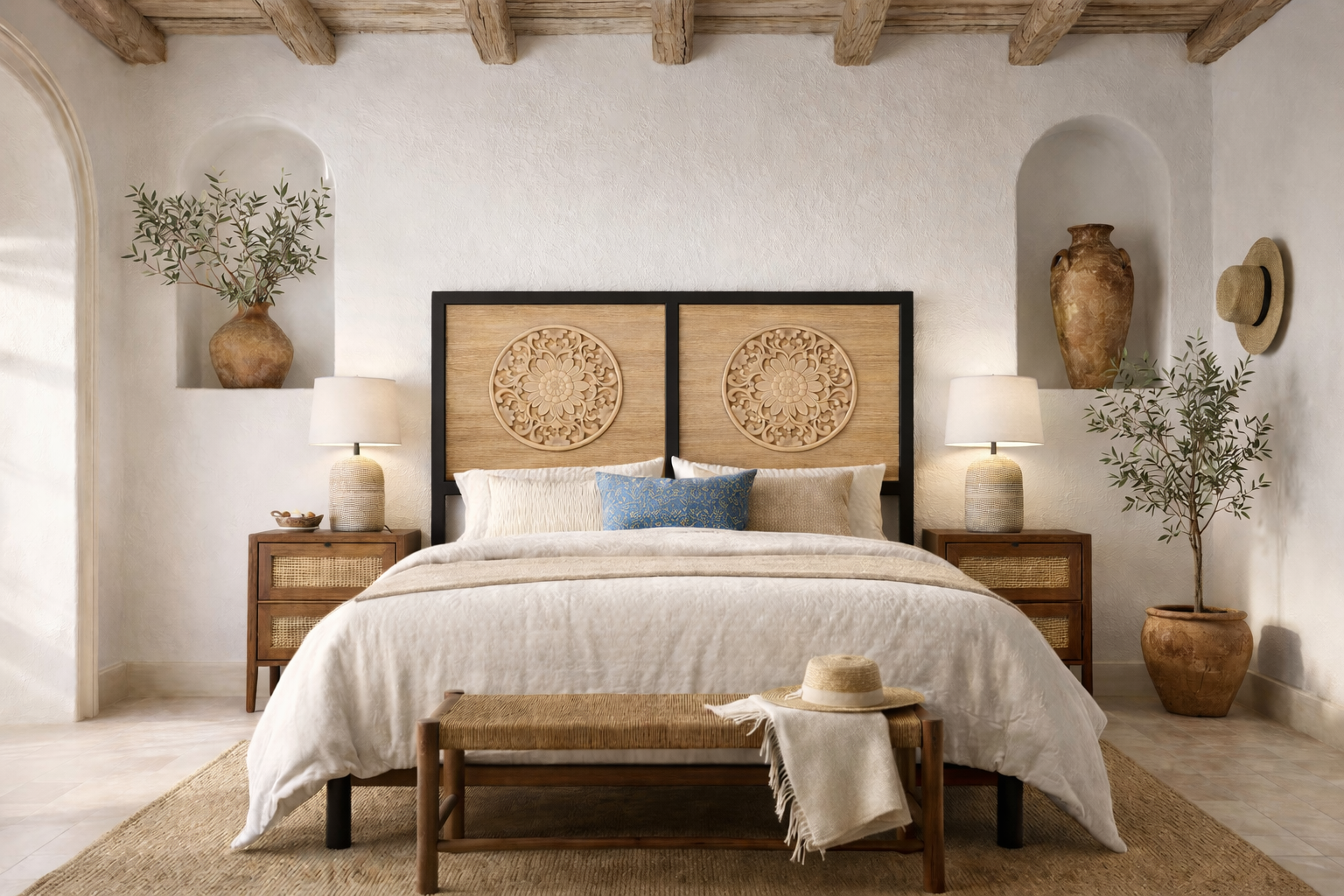 Cabecero de cama combinado en forja negra y madera con decoración tallada estilo arabesco.