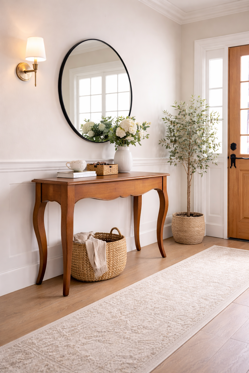 Consola de madera con cajon y patas curvas para recibidor.
