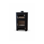 estufa de leña M-104 negra con horno superior y puerta de cristal