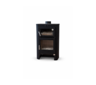 estufa de leña M-104 negra con horno superior y puerta de cristal