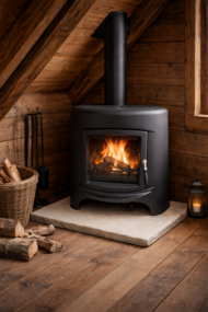 Detalle de estufa de leña Hergóm negra con puerta de cristal y diseño moderno.