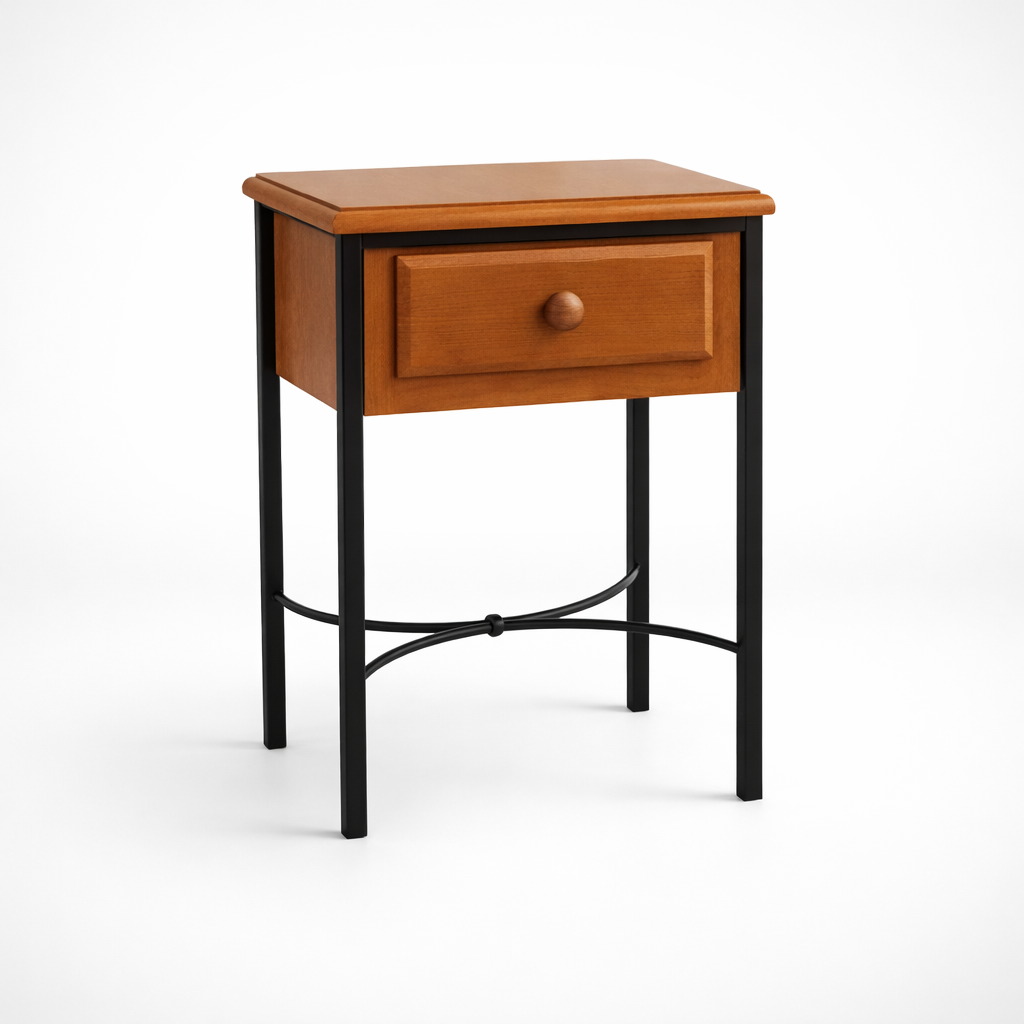 mesita de forja y madera con 1 cajón y patas metálicas negras estilo industrial