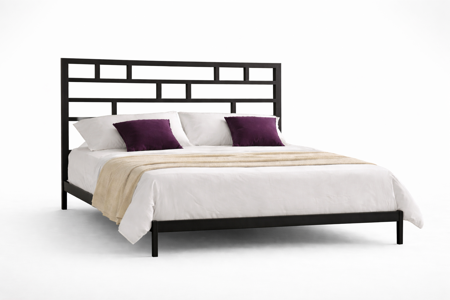 Cabecero de forja Roma negro para cama matrimonial con diseño geométrico moderno y ropa de cama blanca